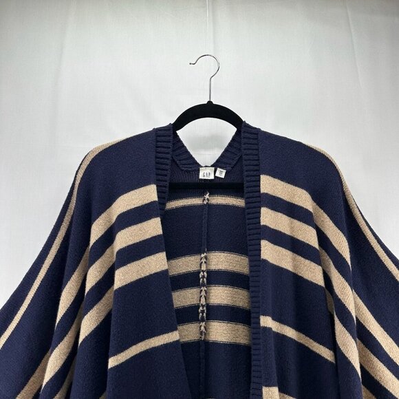 GAP Sweater Womens OS Striped Poncho Wool Camel Hair Cardigan Open Front Blue - Picture 4 of 10
